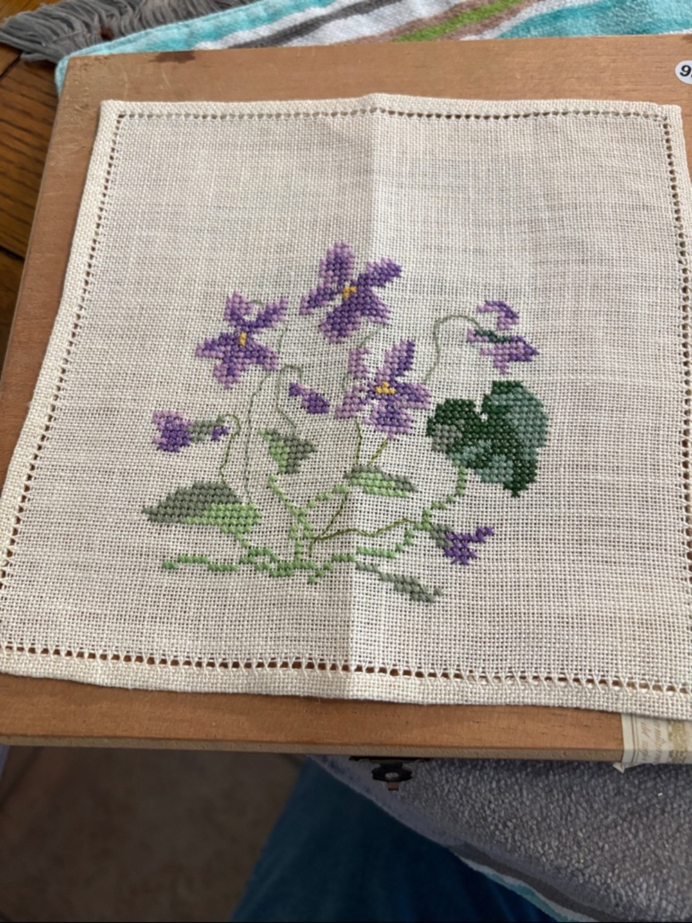 Cross stitch Violet Floral Linen Square - Purple and Green